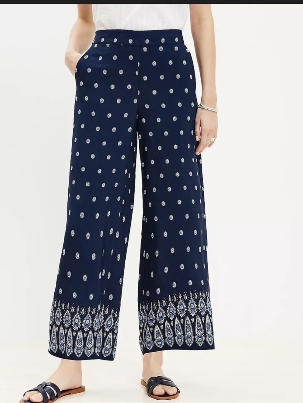 Loft Navy Wide-Leg Printed Palazzo Pants Pull On Size Small Aztec